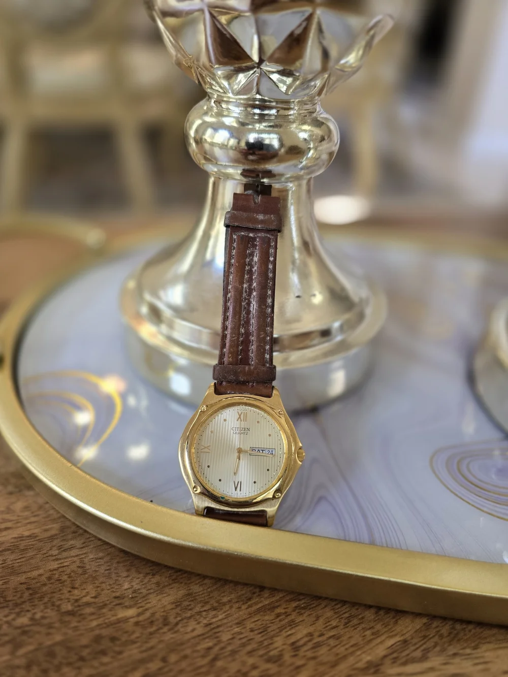 Citizen Quartz Gold-Tone Watch with Brown Leather Strap Parts Only Not Working